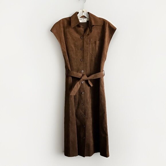Vintage 1970s Blassport Bill Blass Ultra Suede Brown Button Down Dress Size 8 - Picture 2 of 10